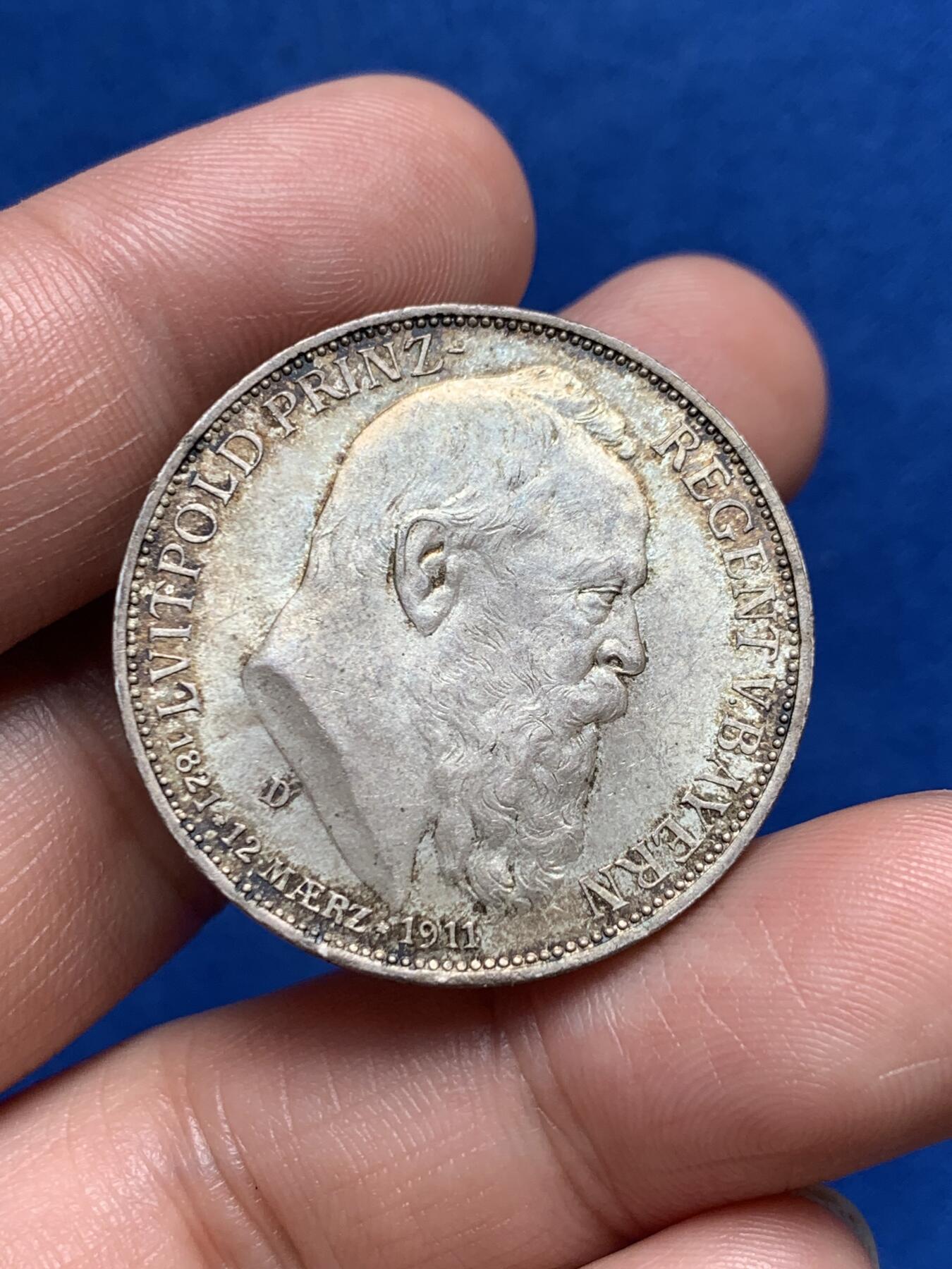 《竞宝斋》第270场- 周日，周一，周二  3场连拍 （全场包邮） 1911年 德国摄政王 3马克 银币 原味包浆