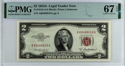 【Blue Auction】✨世界纸币精拍第479期【精】 - 【AA】美国 1953年2美金 PMG67EPQ 高分