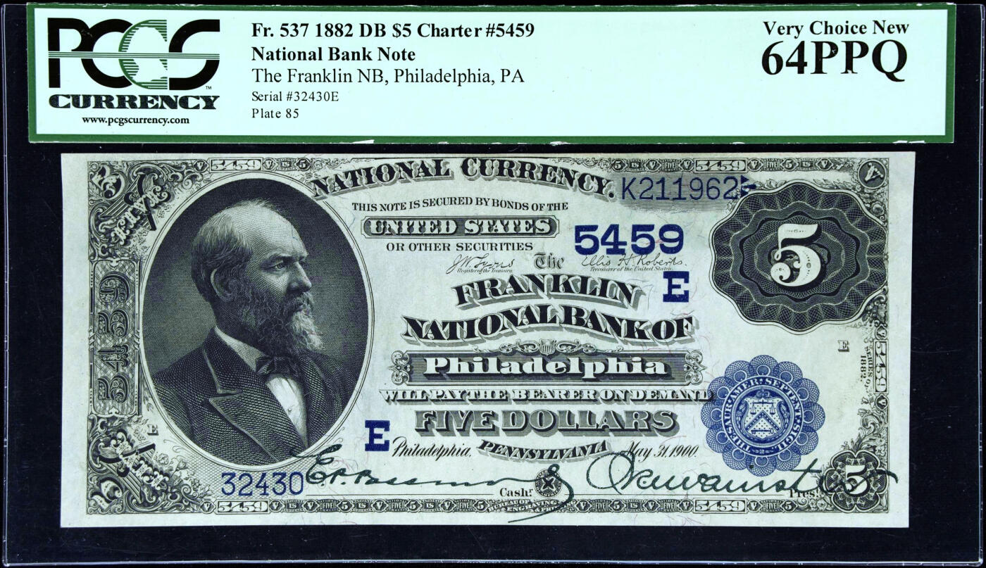 【Blue Auction】✨世界纸币精拍第479期【精】     【该银行 Date Back版本少见】美国 费城富兰克林国家银行1882年5美金 美国第20任总统詹姆斯·艾伯拉姆·加菲尔德 蓝库印PCGS64EPQ绿标 全新原票 凹凸感佳 人像雕刻极致 尤其是胡子 背面华盛顿头像和白宫 大涨品种 值得收藏  