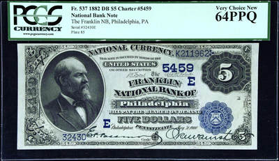 【Blue Auction】✨世界纸币精拍第479期【精】 -     【该银行 Date Back版本少见】美国 费城富兰克林国家银行1882年5美金 美国第20任总统詹姆斯·艾伯拉姆·加菲尔德 蓝库印PCGS64EPQ绿标 全新原票 凹凸感佳 人像雕刻极致 尤其是胡子 背面华盛顿头像和白宫 大涨品种 值得收藏  