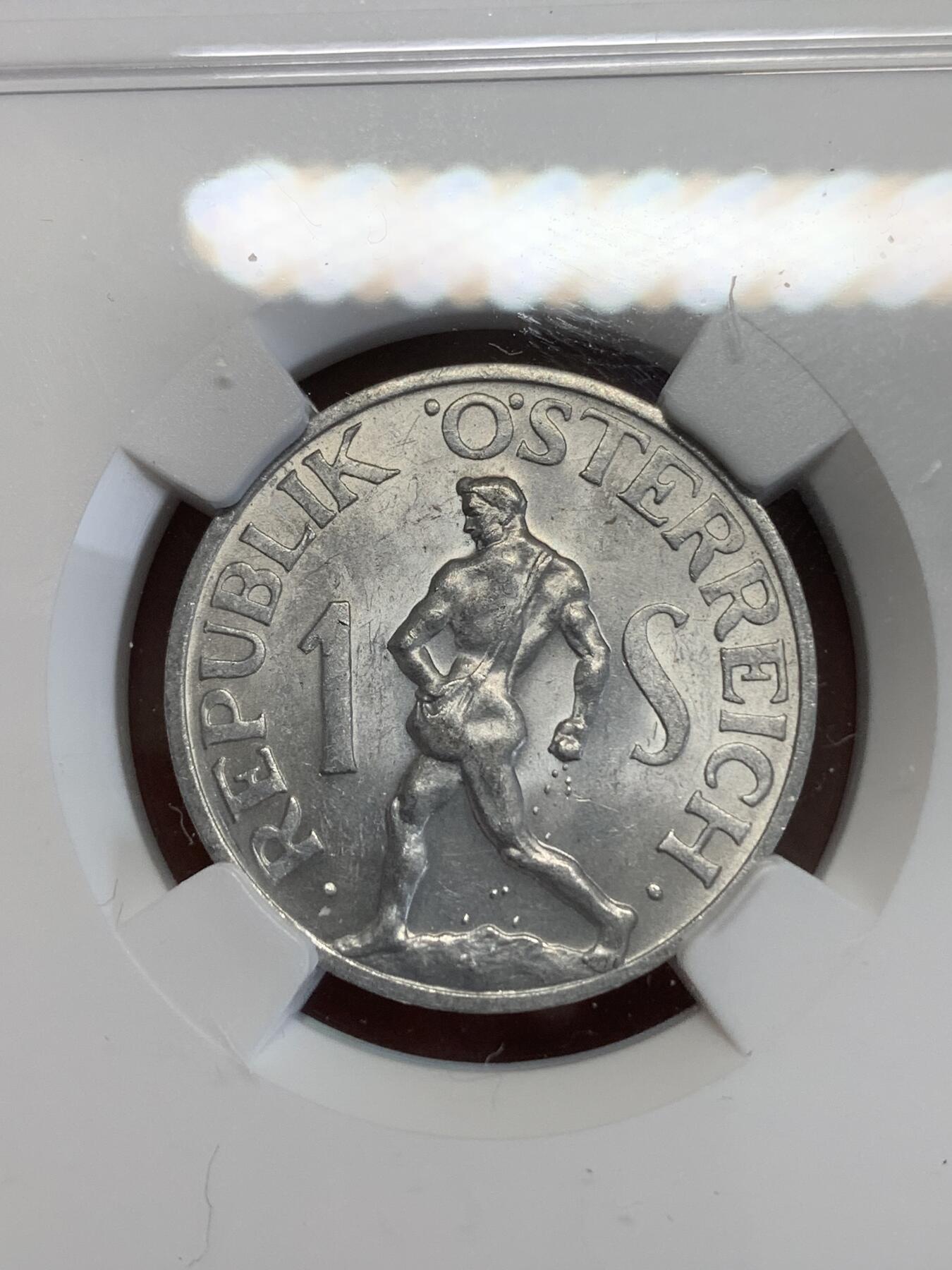 《竞宝斋》第270场- 周日，周一，周二  3场连拍 （全场包邮） NGC MS62 奥地利 1957年 裸男 播种 1先令铝币