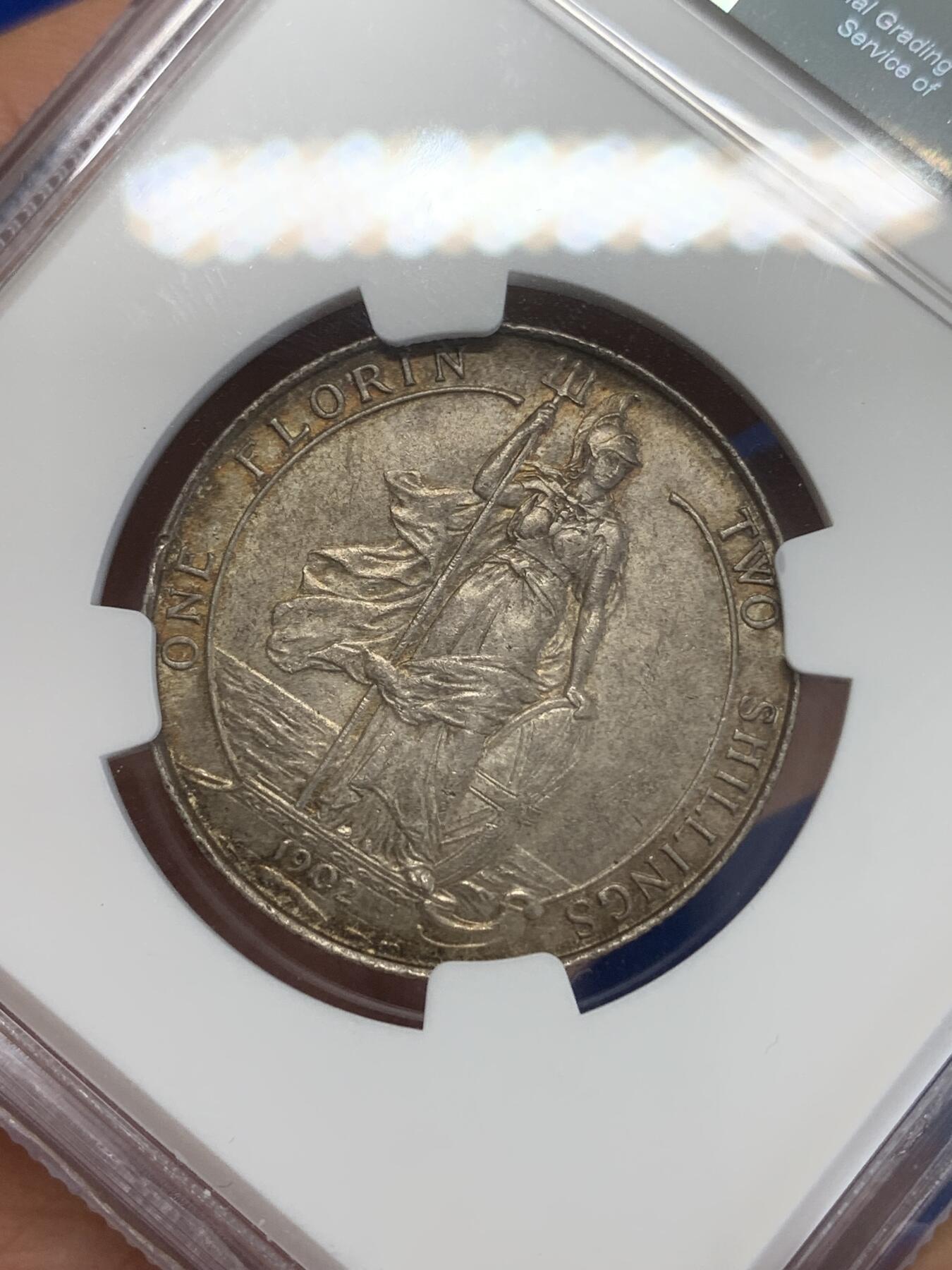 《竞宝斋》第270场- 周日，周一，周二  3场连拍 （全场包邮） NGC AU58 英国1902年爱德华七世海神弗洛林银币 经典品种 有些低评了