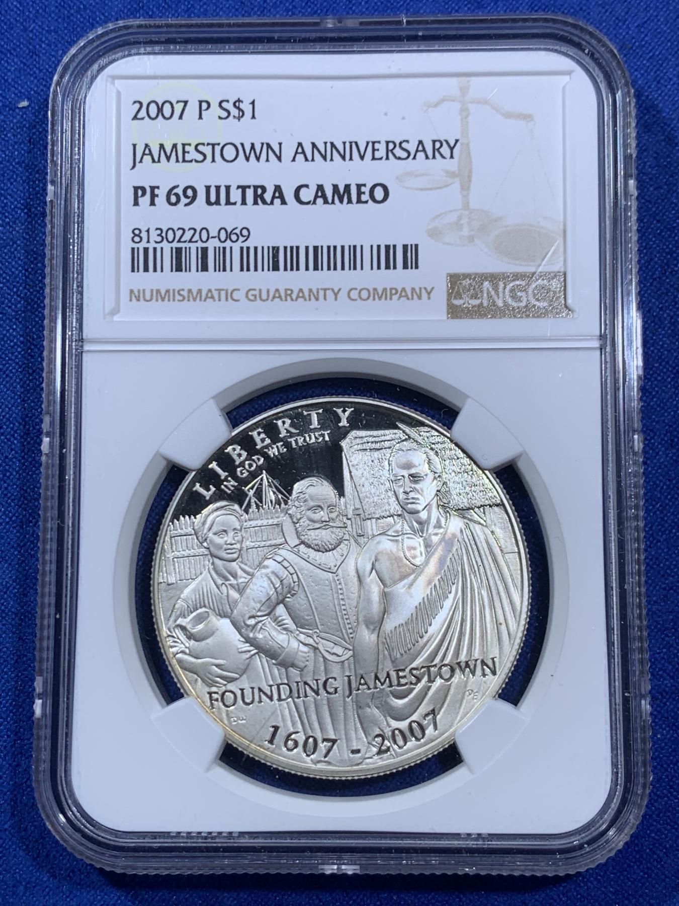 《竞宝斋》第270场- 周日，周一，周二  3场连拍 （全场包邮） NGC PF69UC 美国2007年P版詹姆斯敦1美元大银币