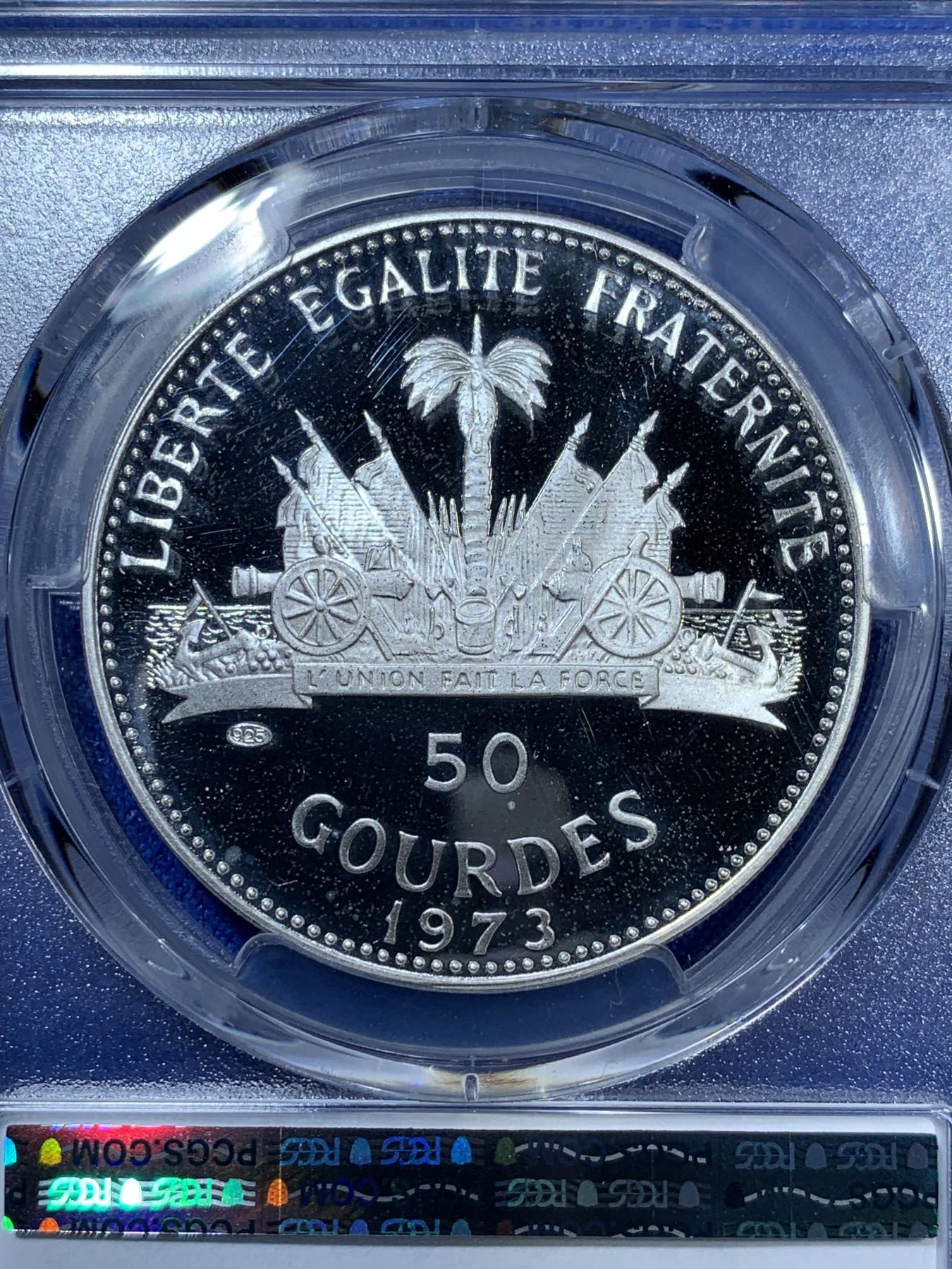 《竞宝斋》第270场- 周日，周一，周二  3场连拍 （全场包邮） PCGS金盾 PR69DCAM 海地1973年吹海螺的小妹妹50古德精制银币