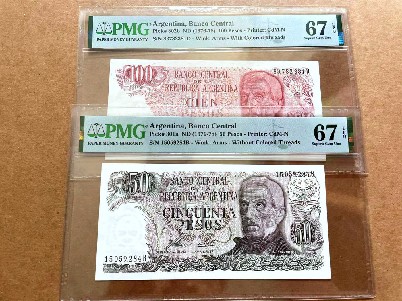 【Blue Auction】✨世界纸币精拍第479期【精】 【一组2张】阿根廷 1976-78年50-100比索  PMG67EPQ 高分