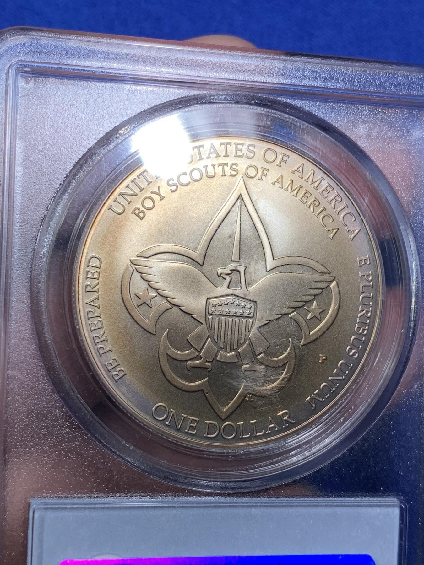 《竞宝斋》第270场- 周日，周一，周二  3场连拍 （全场包邮） PCGS MS69 美国2010年男童子军纪念银币 双面金黄色包浆很漂亮 秒杀普通白币