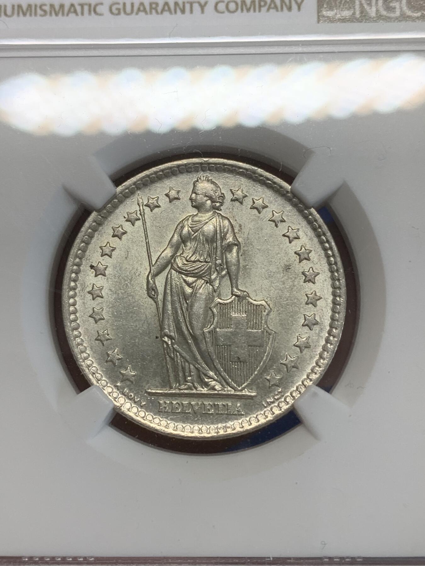 《竞宝斋》第270场- 周日，周一，周二  3场连拍 （全场包邮） NGC MS62 瑞士 1964年 雪山女神赫尔维蒂亚 2法郎 银币