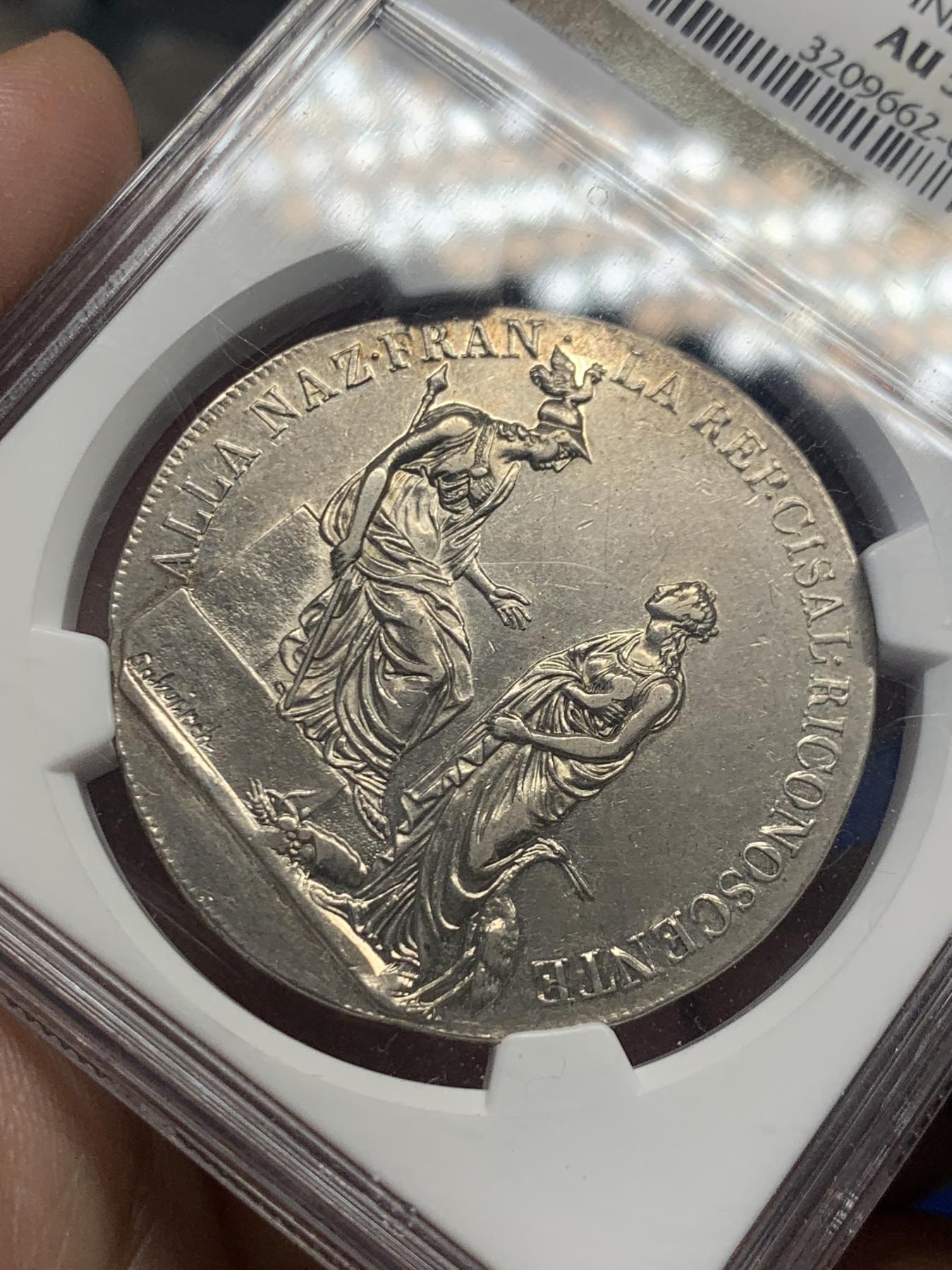 《竞宝斋》第270场- 周日，周一，周二  3场连拍 （全场包邮） NGC AU55 山南共和国1800年1SCUDO大银币 经典意系和拿破仑系银币，艺术品一般的存在 老盒封装 保存的很好