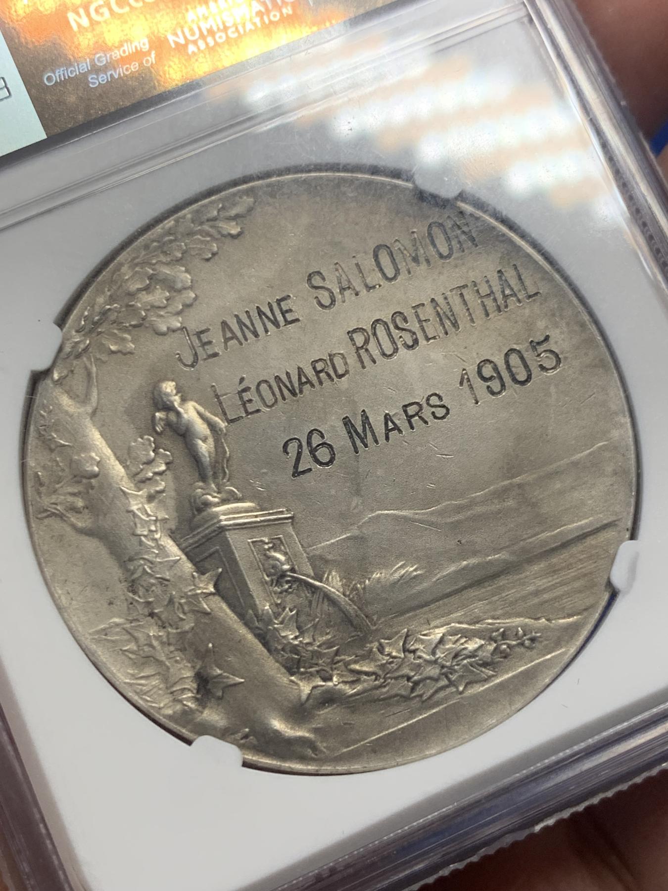 《竞宝斋》第271场-八角与章专场 周日，周一，周二  3场连拍 （全场包邮） NGC-MS62 法国1905年O.Roty “永恒的爱”爱情与婚姻题材纪念银章