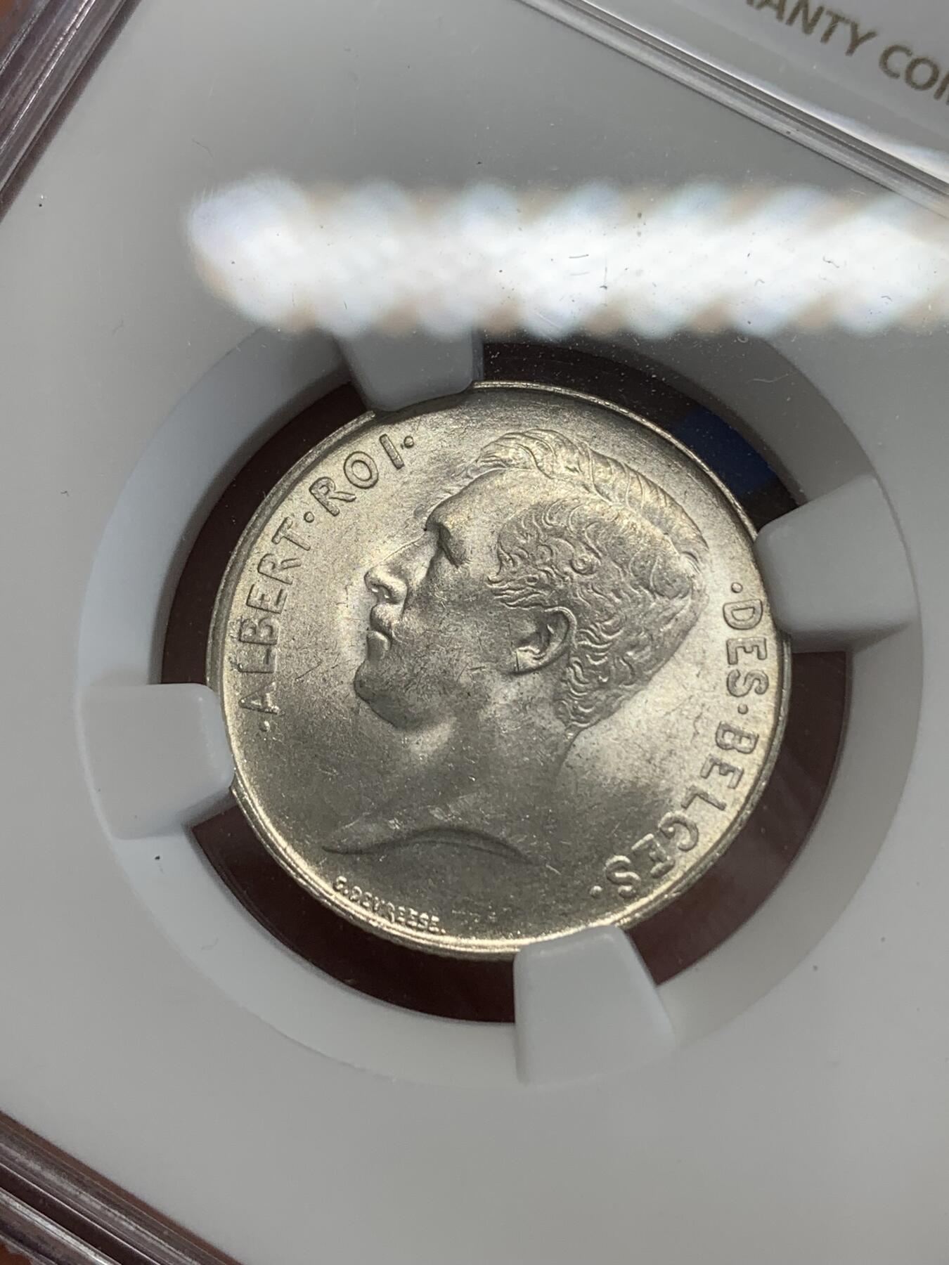 《竞宝斋》第270场- 周日，周一，周二  3场连拍 （全场包邮） NGC MS65 比利时 1914年 阿尔贝托国王 1法郎 银币