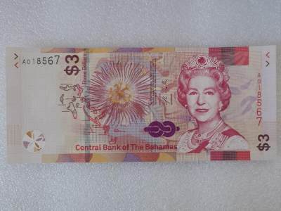 第一海外回流一元起拍收藏 纸币专场 第90期 - 全新 巴哈马3元纸币 2019年版 女王头像 A冠