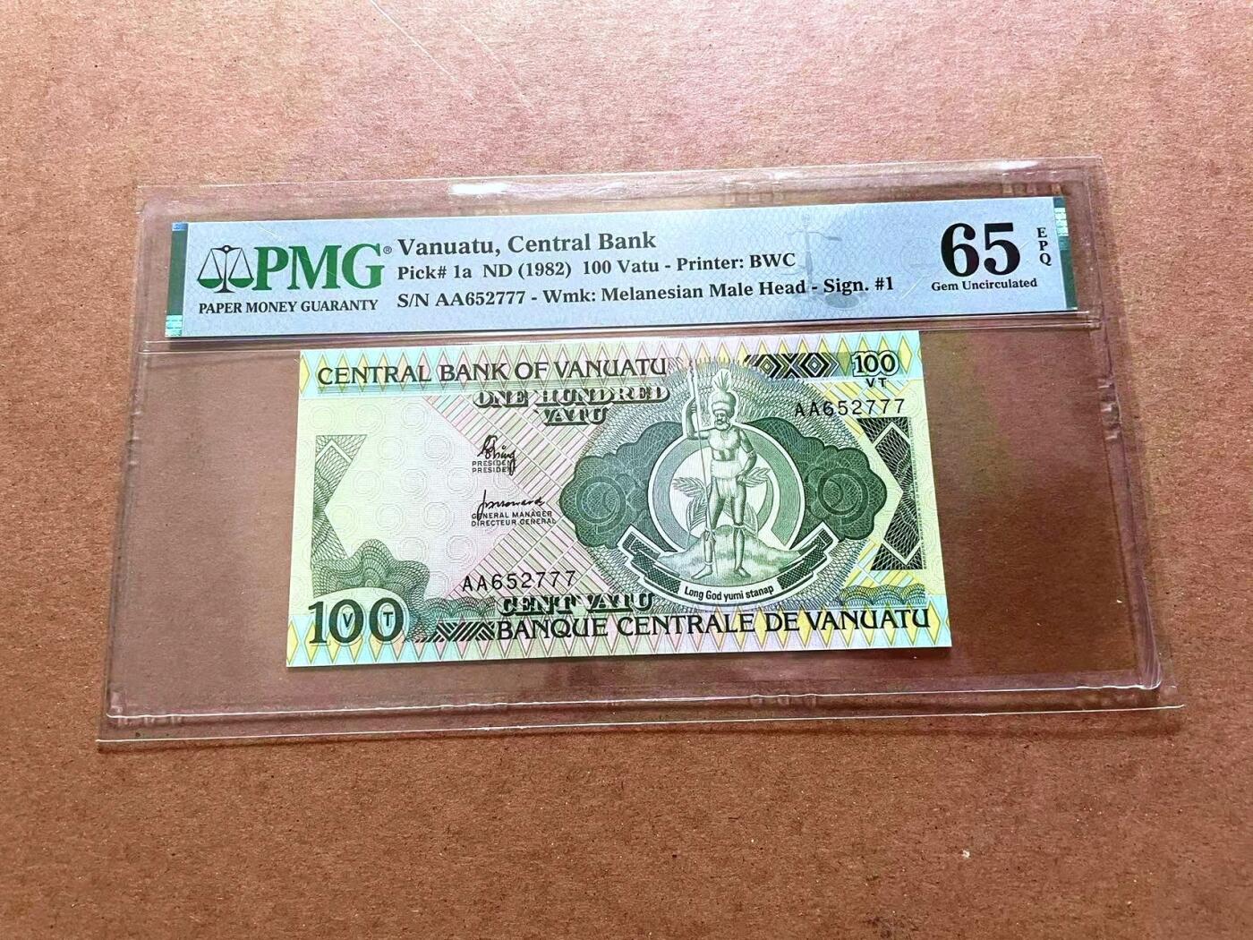 【Blue Auction】✨世界纸币精拍第479期【精】 【AA冠777豹子号 p1a】瓦努阿图 1982年100瓦图 PMG65EPQ 