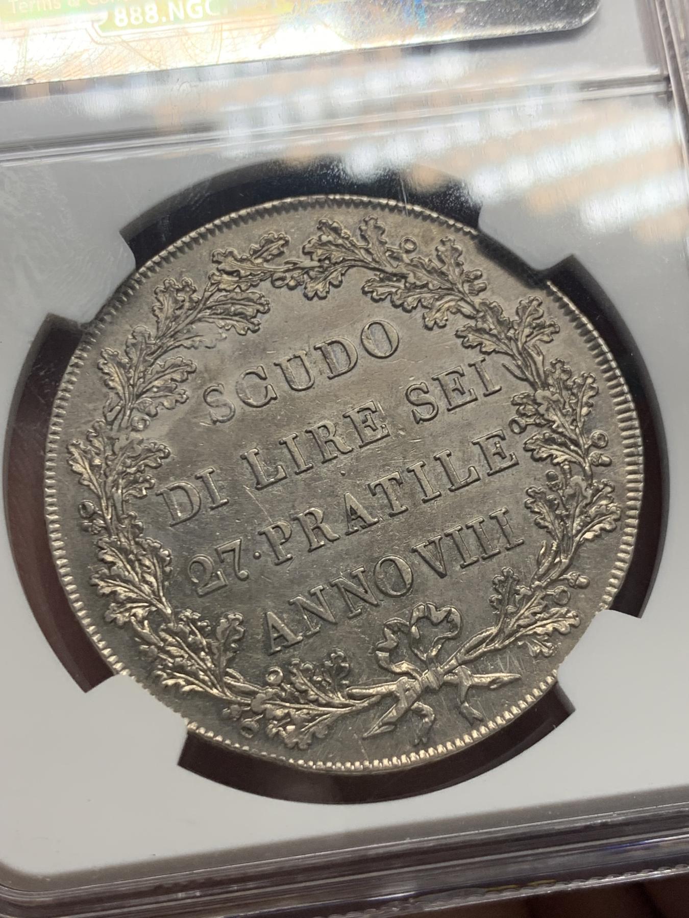 《竞宝斋》第270场- 周日，周一，周二  3场连拍 （全场包邮） NGC AU55 山南共和国1800年1SCUDO大银币 经典意系和拿破仑系银币，艺术品一般的存在 老盒封装 保存的很好