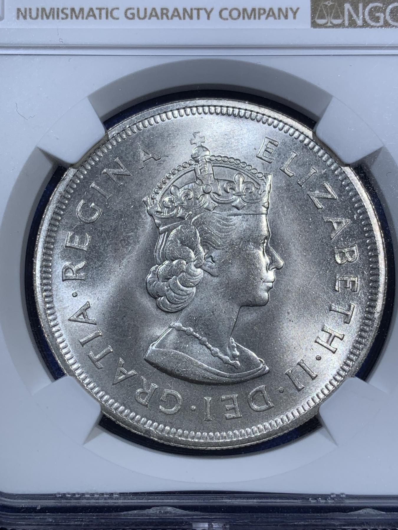 《竞宝斋》第270场- 周日，周一，周二  3场连拍 （全场包邮） NGC MS65 英属百慕大1959年伊丽莎白二世青年头像克朗银币 经典女王头像 高分好品