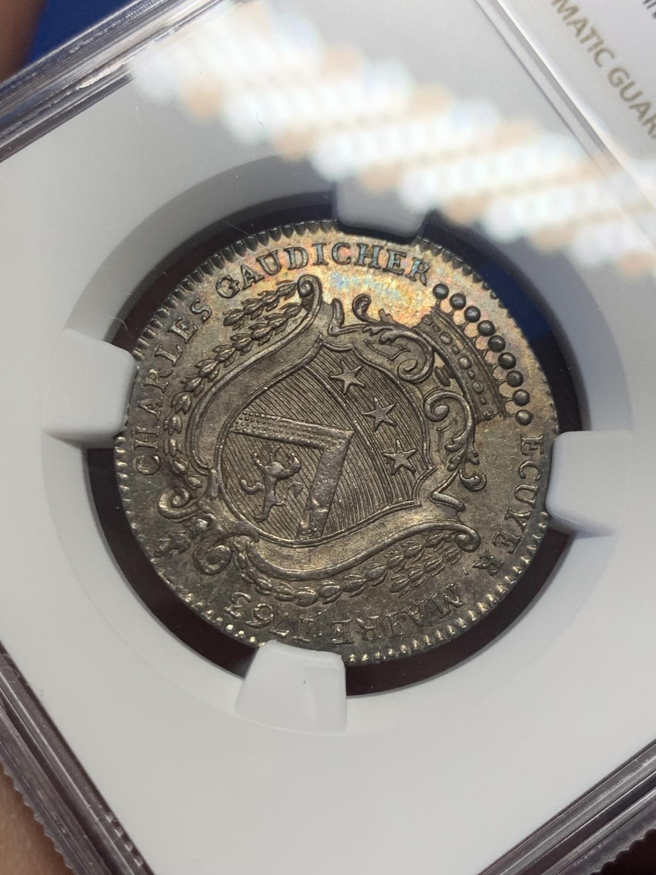 《竞宝斋》第271场-八角与章专场 周日，周一，周二  3场连拍 （全场包邮） NGC-MS63 法国1763年昂热市市长查尔斯·戈迪歇家族纹章银质代币