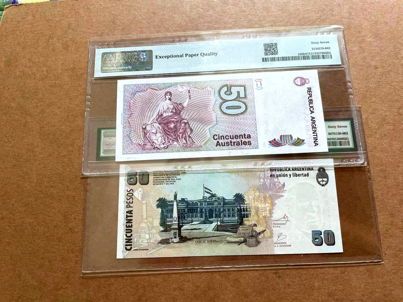 【Blue Auction】✨世界纸币精拍第479期【精】 【一组2张】阿根廷 1986-2013年50Australes/50比索  PMG67EPQ 高分