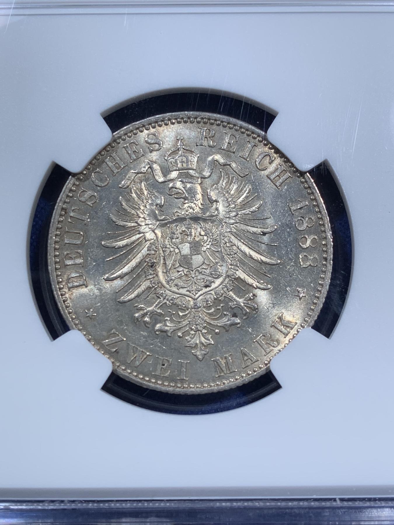 《竞宝斋》第270场- 周日，周一，周二  3场连拍 （全场包邮） NGC MS62 德意志帝国 1888年 2马克 银币