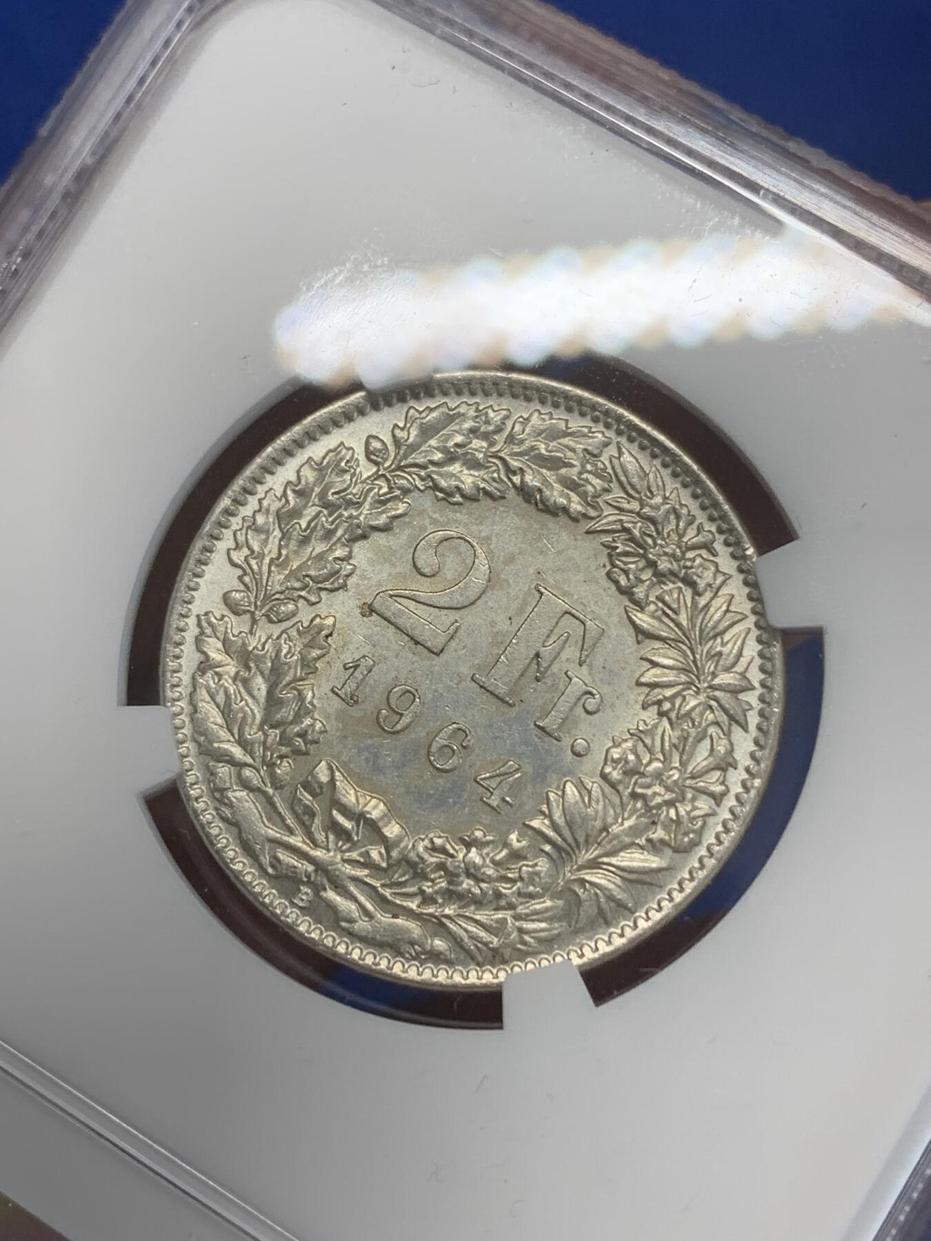 《竞宝斋》第270场- 周日，周一，周二  3场连拍 （全场包邮） NGC MS62 瑞士 1964年 雪山女神赫尔维蒂亚 2法郎 银币