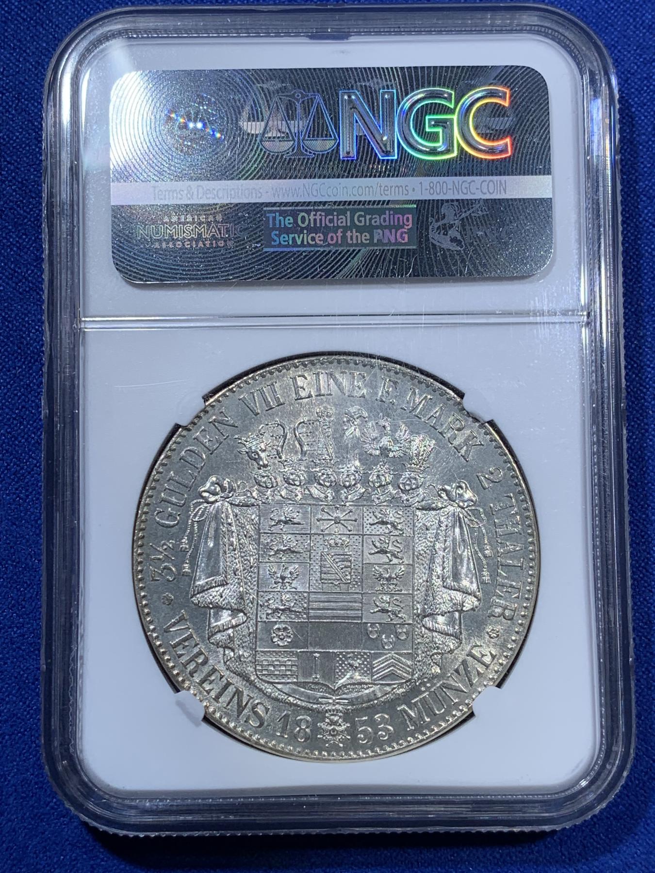 《竞宝斋》第270场- 周日，周一，周二  3场连拍 （全场包邮） NGC MS63 德国1853年萨克森梅宁根2泰勒银币 高分好状态 比较难的品种