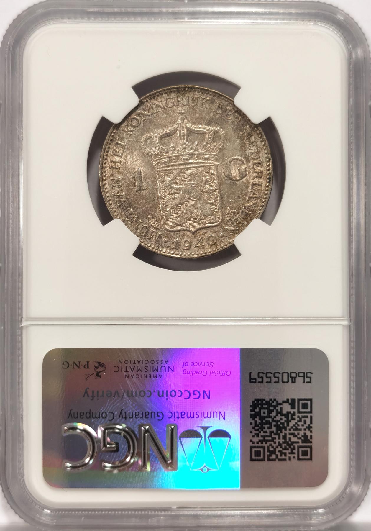 博洋堂世界钱币拍卖第078期（全场包邮） NGC MS62 荷兰1940年威廉明娜女王1盾银币