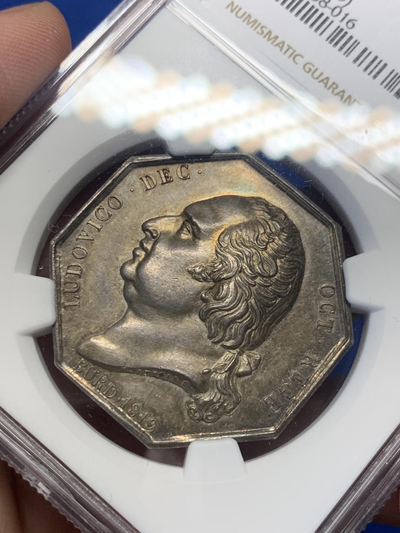 《竞宝斋》第271场-八角与章专场 周日，周一，周二  3场连拍 （全场包邮） NGC-MS61 法国路易十八波尔多石桥八角银质jeton，大力神赫拉克勒斯和商业之神赫尔墨斯