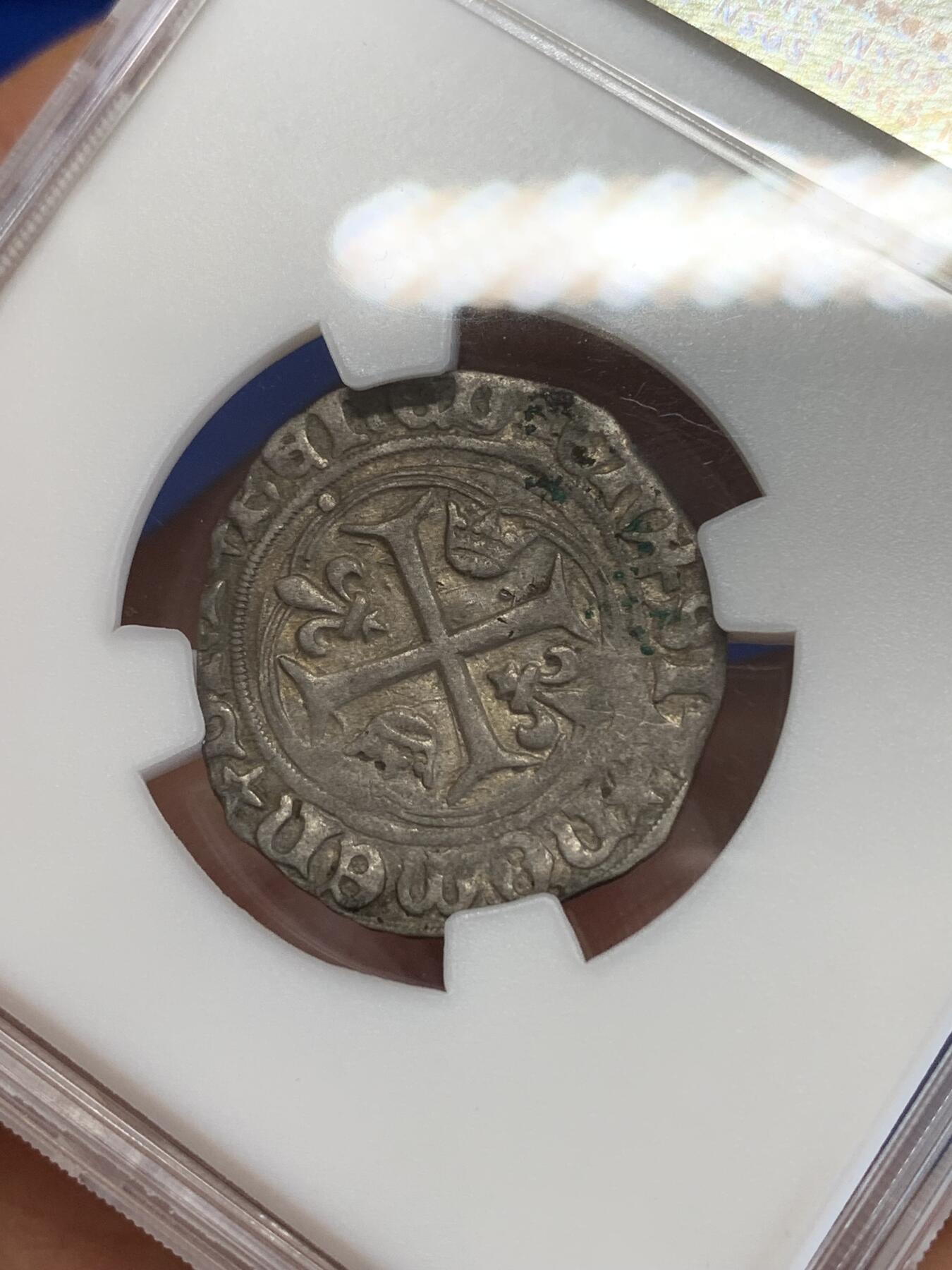 《竞宝斋》第270场- 周日，周一，周二  3场连拍 （全场包邮） 奈斯评级 AU55 1488年法国中世纪查理八世银币  保留原光，打制铭文齐全，好品非常少