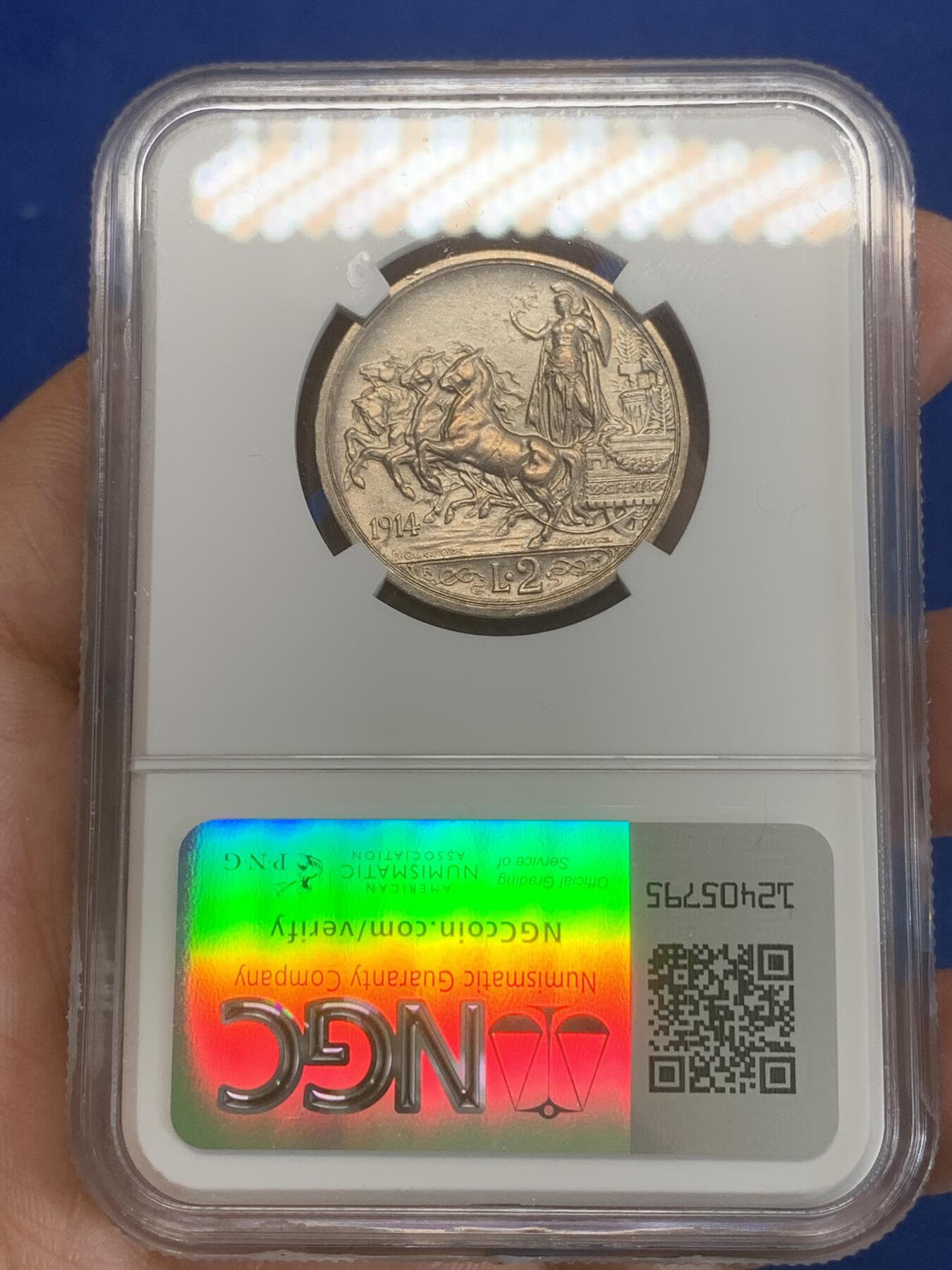 《竞宝斋》第270场- 周日，周一，周二  3场连拍 （全场包邮） NGC UNCD 意大利1914年马车2里拉银币