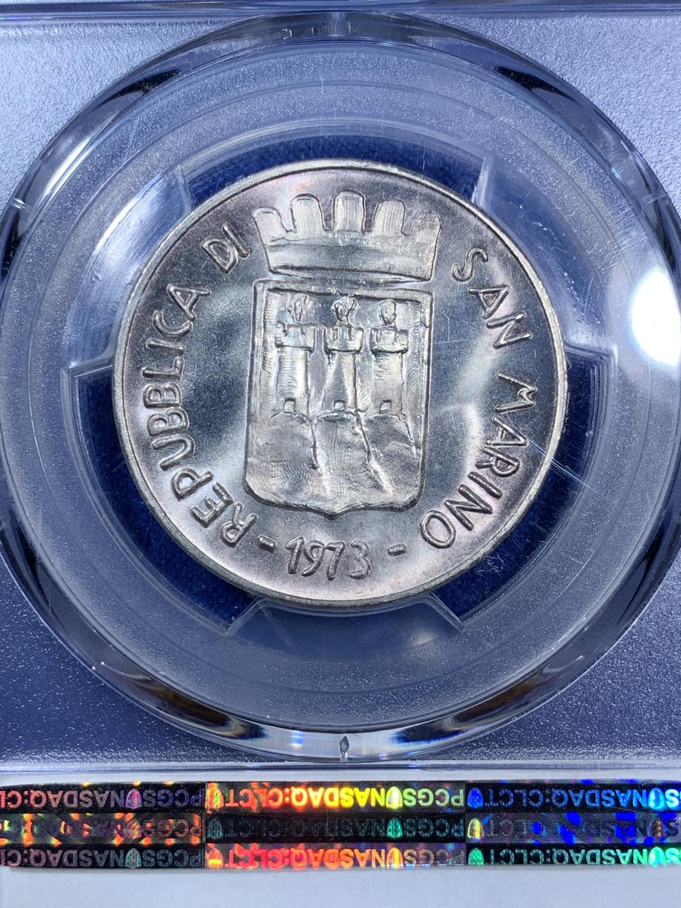 《竞宝斋》第270场- 周日，周一，周二  3场连拍 （全场包邮） PCGS MS66 亚军分 1973年圣马力诺500里拉银币 亲吻和平鸽的少女 背面盒子支撑小磕