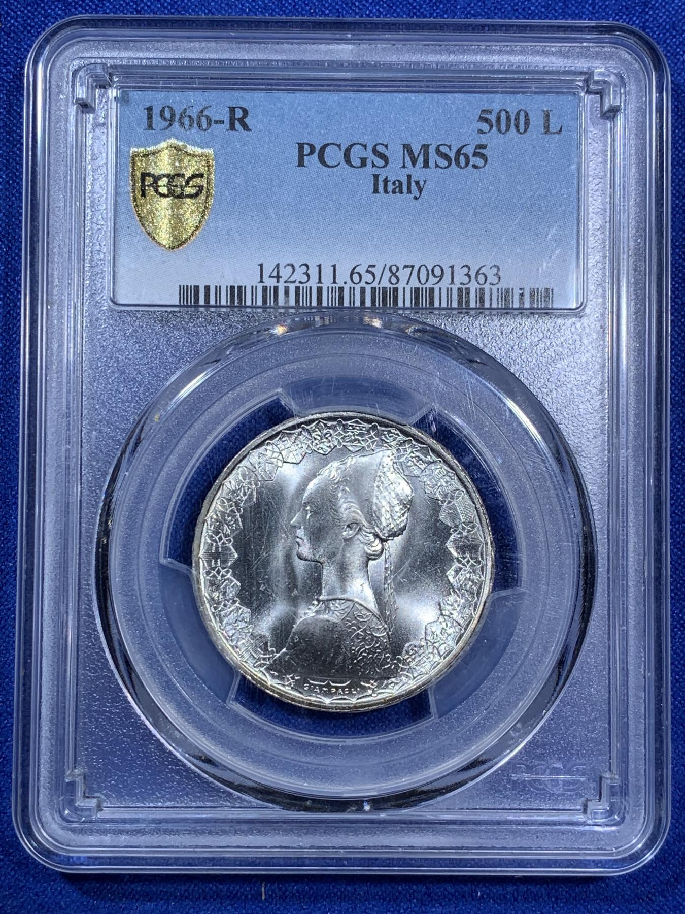 《竞宝斋》第270场- 周日，周一，周二  3场连拍 （全场包邮） PCGS MS65 意大利1966年帆船美女500里拉银币 经典设计 霜银车轮光 真正的卷拆品质