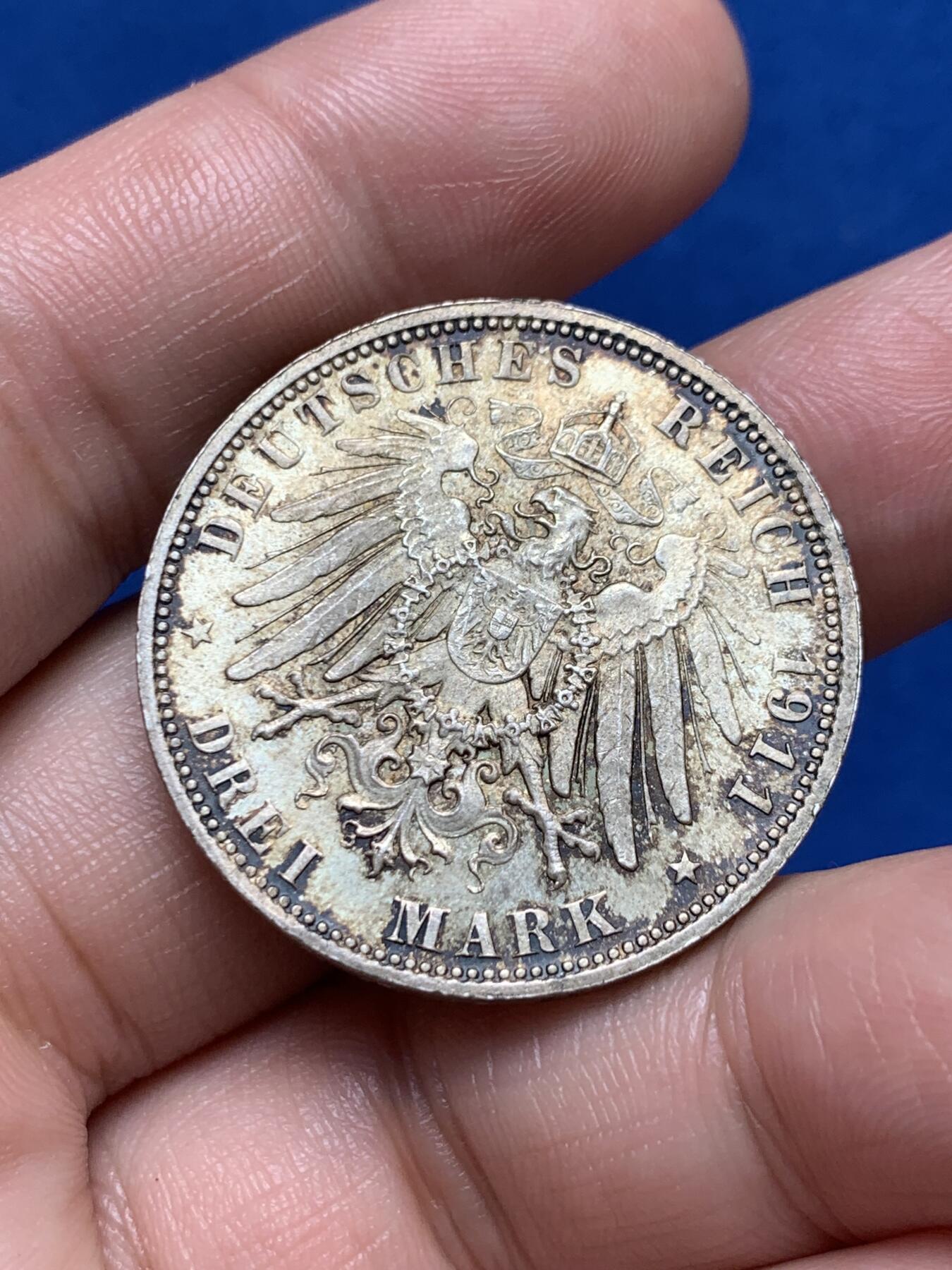 《竞宝斋》第270场- 周日，周一，周二  3场连拍 （全场包邮） 1911年 德国摄政王 3马克 银币 原味包浆