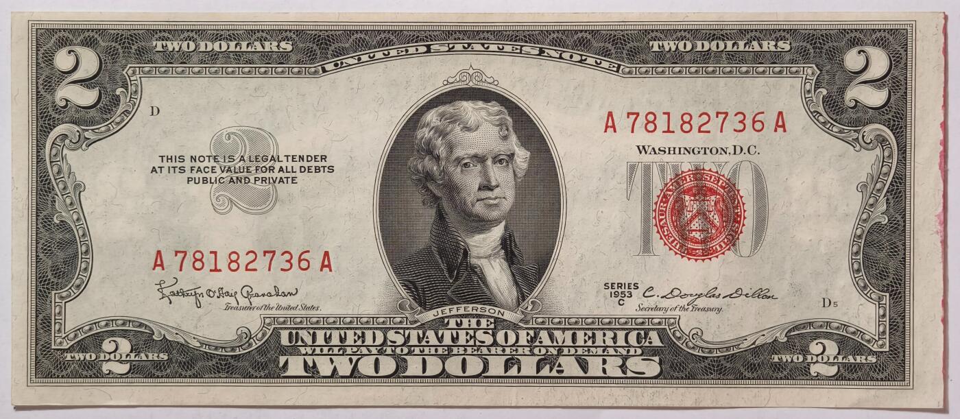 紫瑗钱币——第353期拍卖——纸币场 美国 1953年 C序列 托马斯·杰斐逊 2美元 红印 政府券 AU