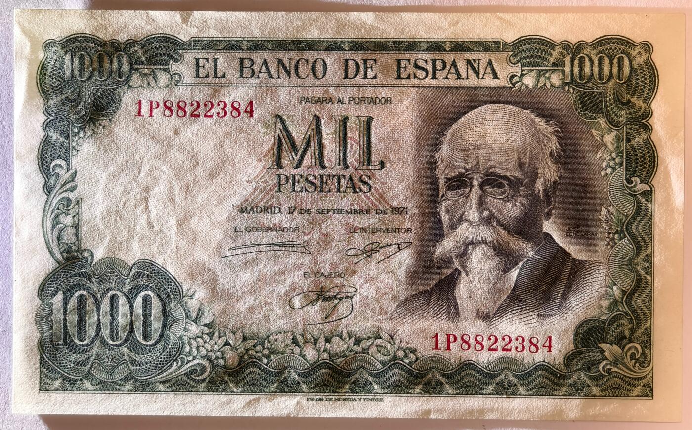 紫瑗钱币——第353期拍卖——纸币场 西班牙 1971(1974)年 何塞·埃切加赖 1000比塞塔 UNC (P-154)