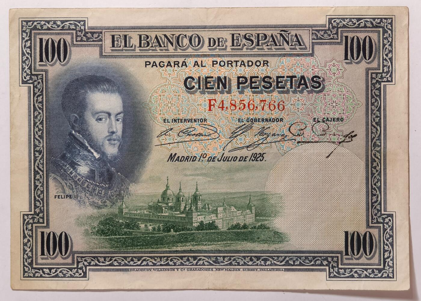 紫瑗钱币——第353期拍卖——纸币场 【双尾6】西班牙 1925年 油画《腓力二世的座椅》 100比塞塔 AU-