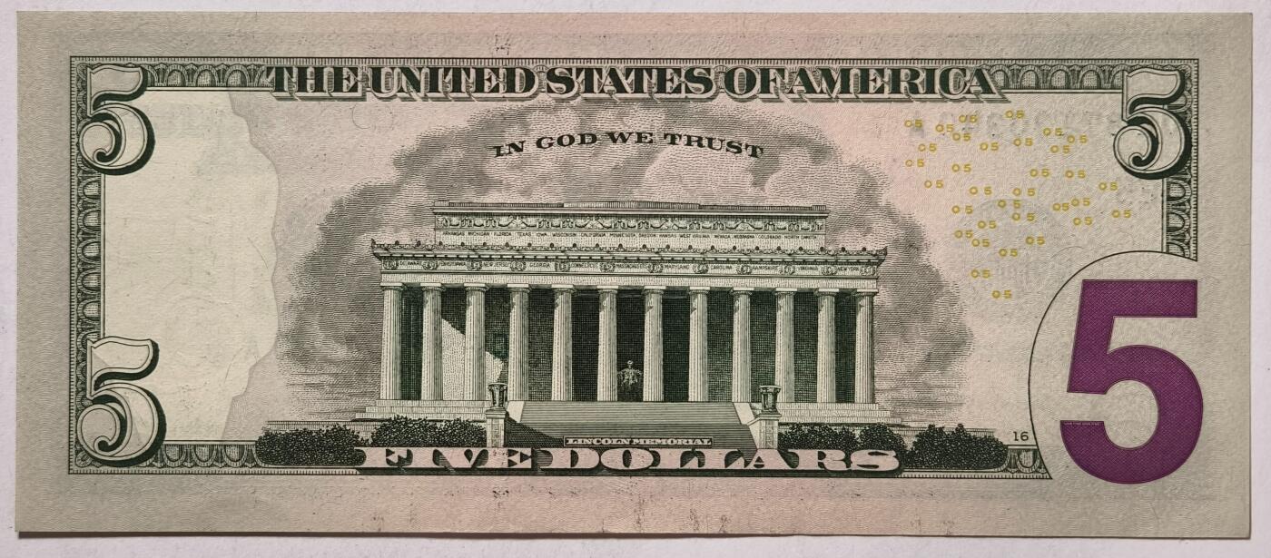 紫瑗钱币——第353期拍卖——纸币场 美国 2021年 E版 无序列 亚伯拉罕·林肯 5美元 彩色版 UNC