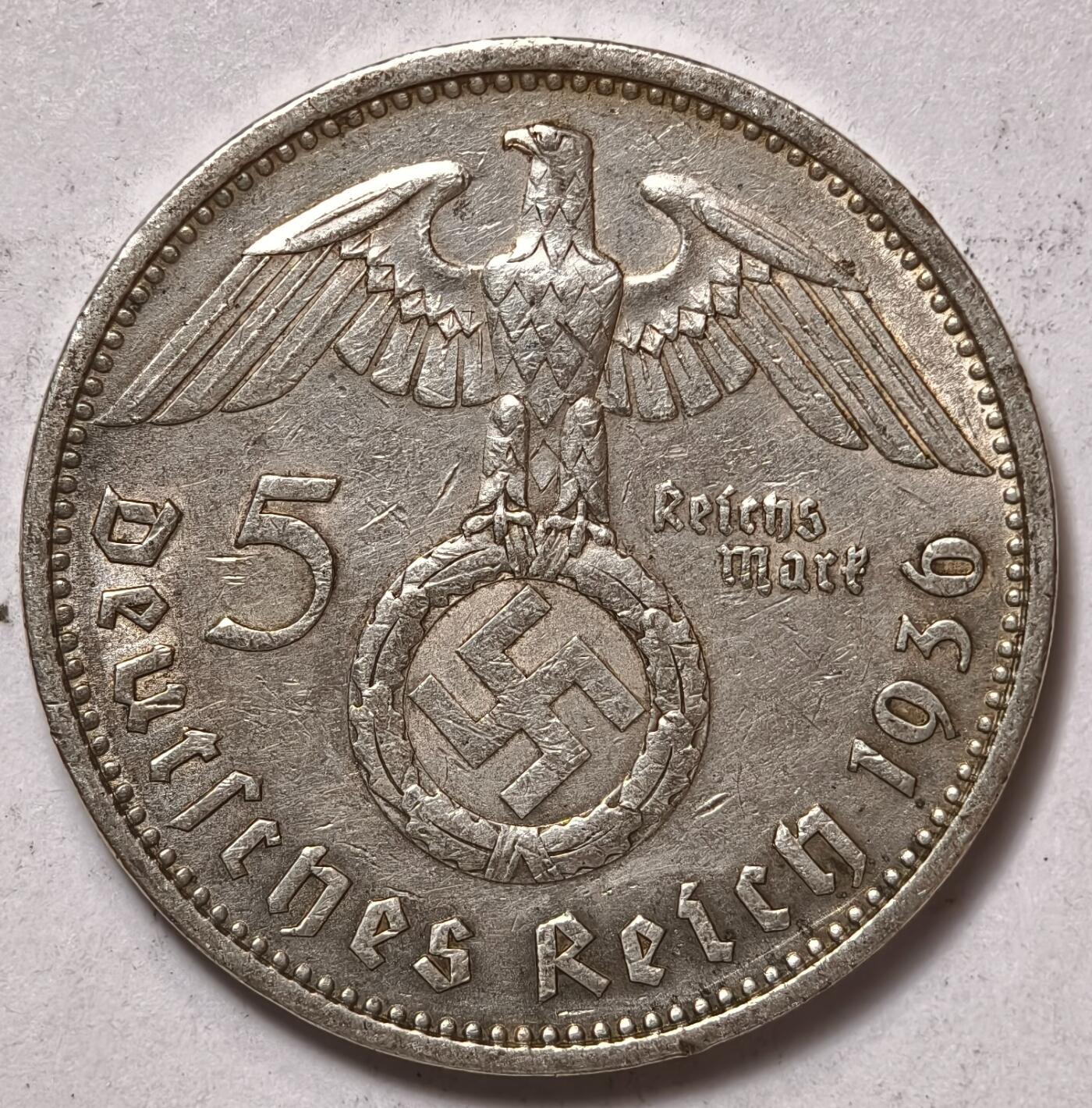 紫瑗钱币——第354期拍卖 德国 1936年 A版 兴登堡 字符 5马克 13.9克 0.9银