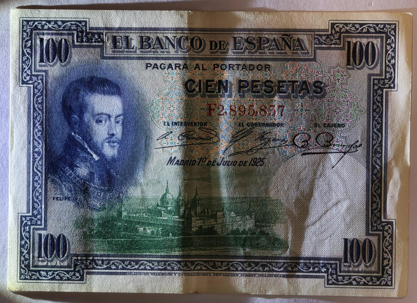 紫瑗钱币——第353期拍卖——纸币场 西班牙 1925年 油画《腓力二世的座椅》 100比塞塔 AU