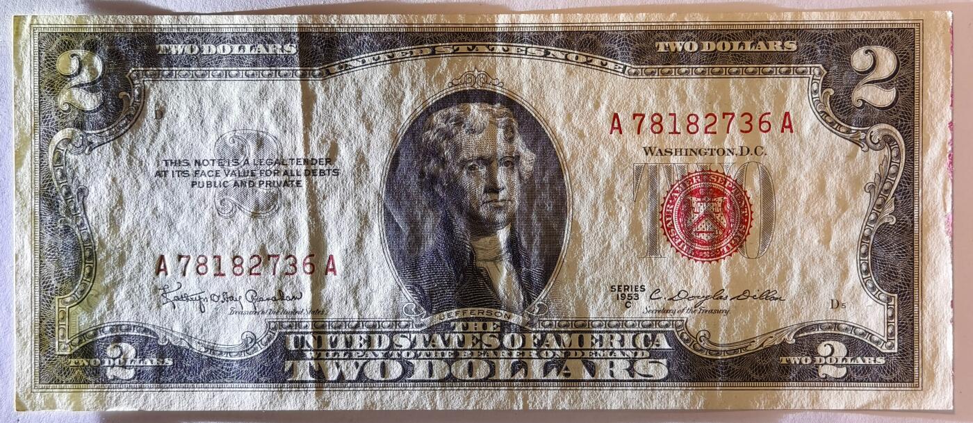 紫瑗钱币——第353期拍卖——纸币场 美国 1953年 C序列 托马斯·杰斐逊 2美元 红印 政府券 AU