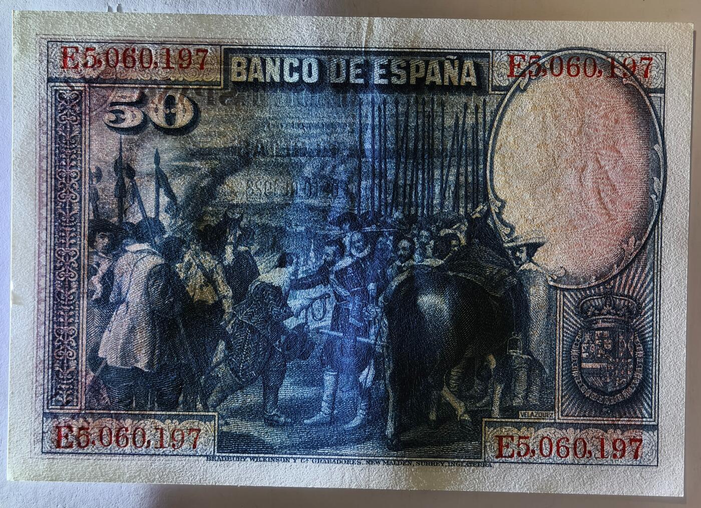 紫瑗钱币——第353期拍卖——纸币场 西班牙 1928年 油画《布雷达的献城》50比塞塔 UNC-
