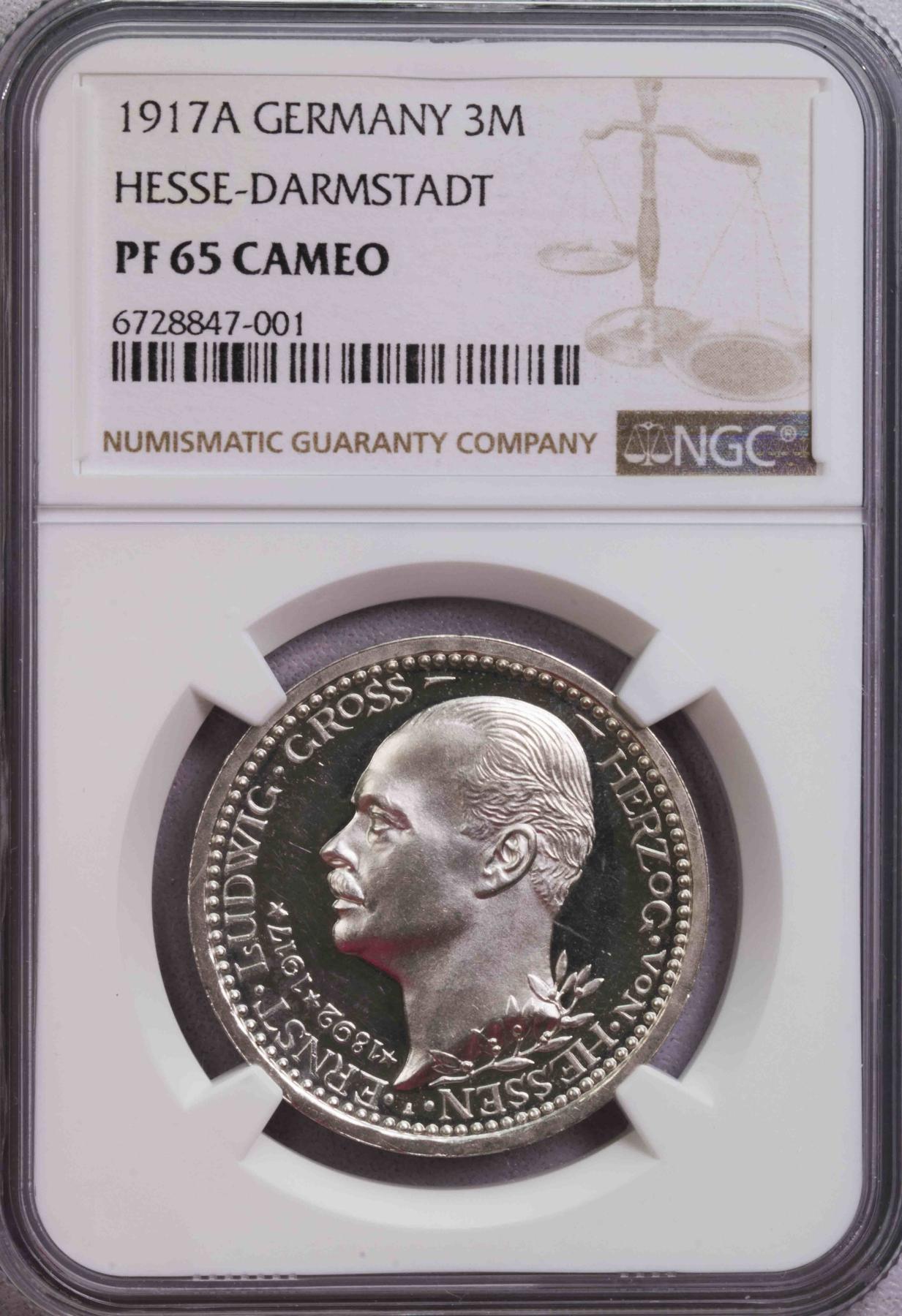NGC-PF65 1917黑森达姆斯塔特3马克银币名誉品精致CA状态