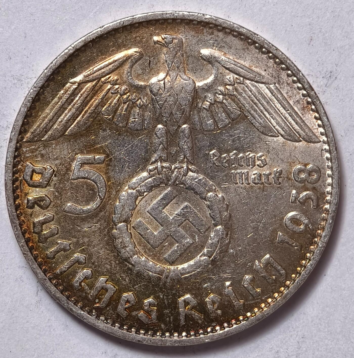 紫瑗钱币——第354期拍卖 德国 1938年 D版 兴登堡 字符 5马克 13.9克 0.9银