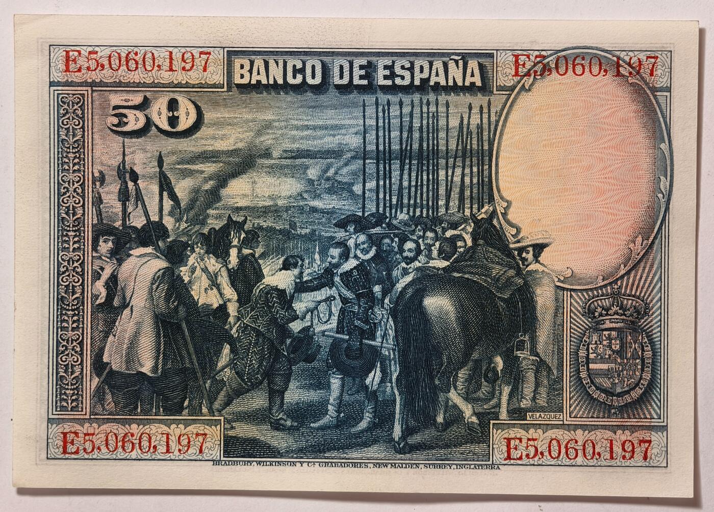 紫瑗钱币——第353期拍卖——纸币场 西班牙 1928年 油画《布雷达的献城》50比塞塔 UNC-