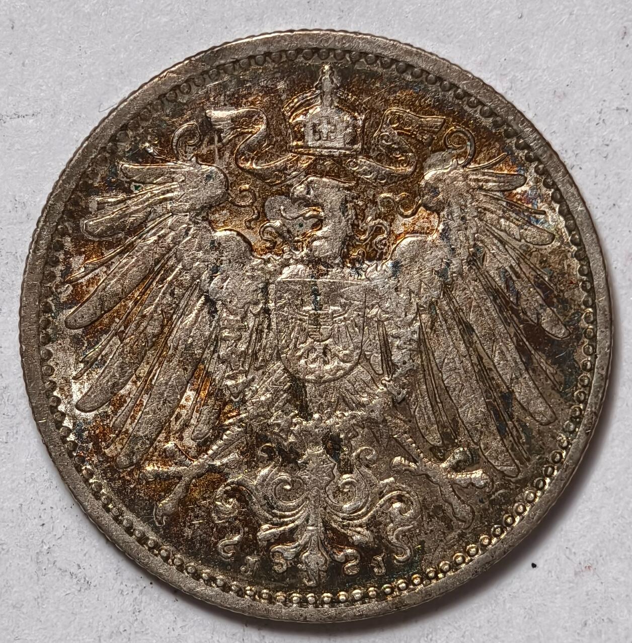 紫瑗钱币——第354期拍卖 德国 1910年 J版 第二帝国 长翅 1马克 银币 5.5克 0.9银 五彩包浆