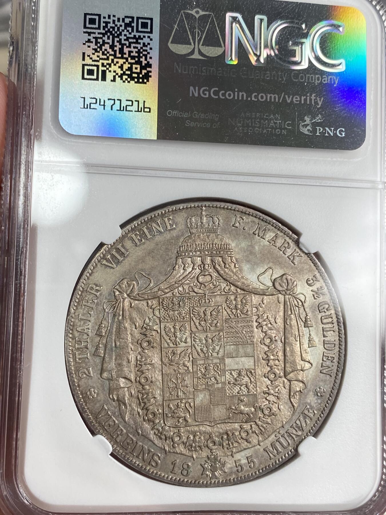 万国钱币拍卖第026期（风云再起·勇士无畏） NGC MS61 1855年德国普鲁士威廉四世大纹章流通2泰勒 醇香的淡玫瑰金彩加持 纹章面更加出彩 清新淡雅的同时也有一种迷人的吸引力