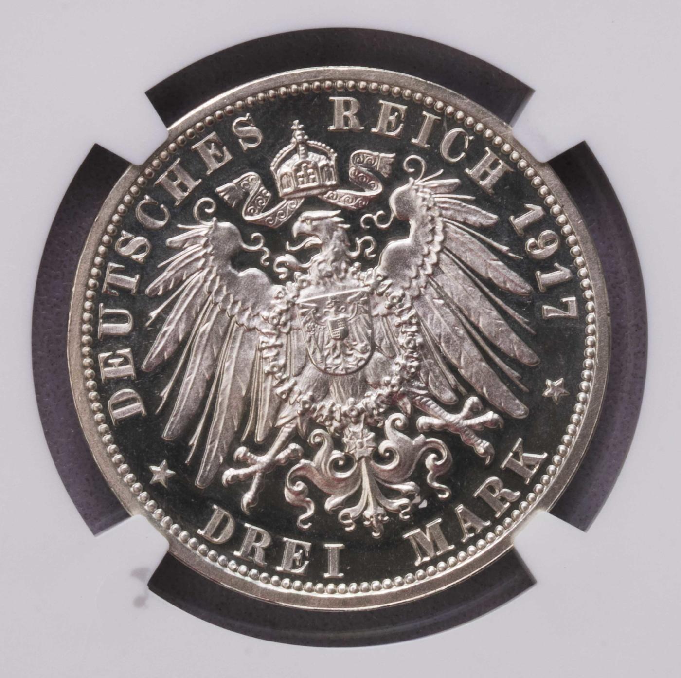 NGC-PF65 1917黑森达姆斯塔特3马克银币名誉品精致CA状态