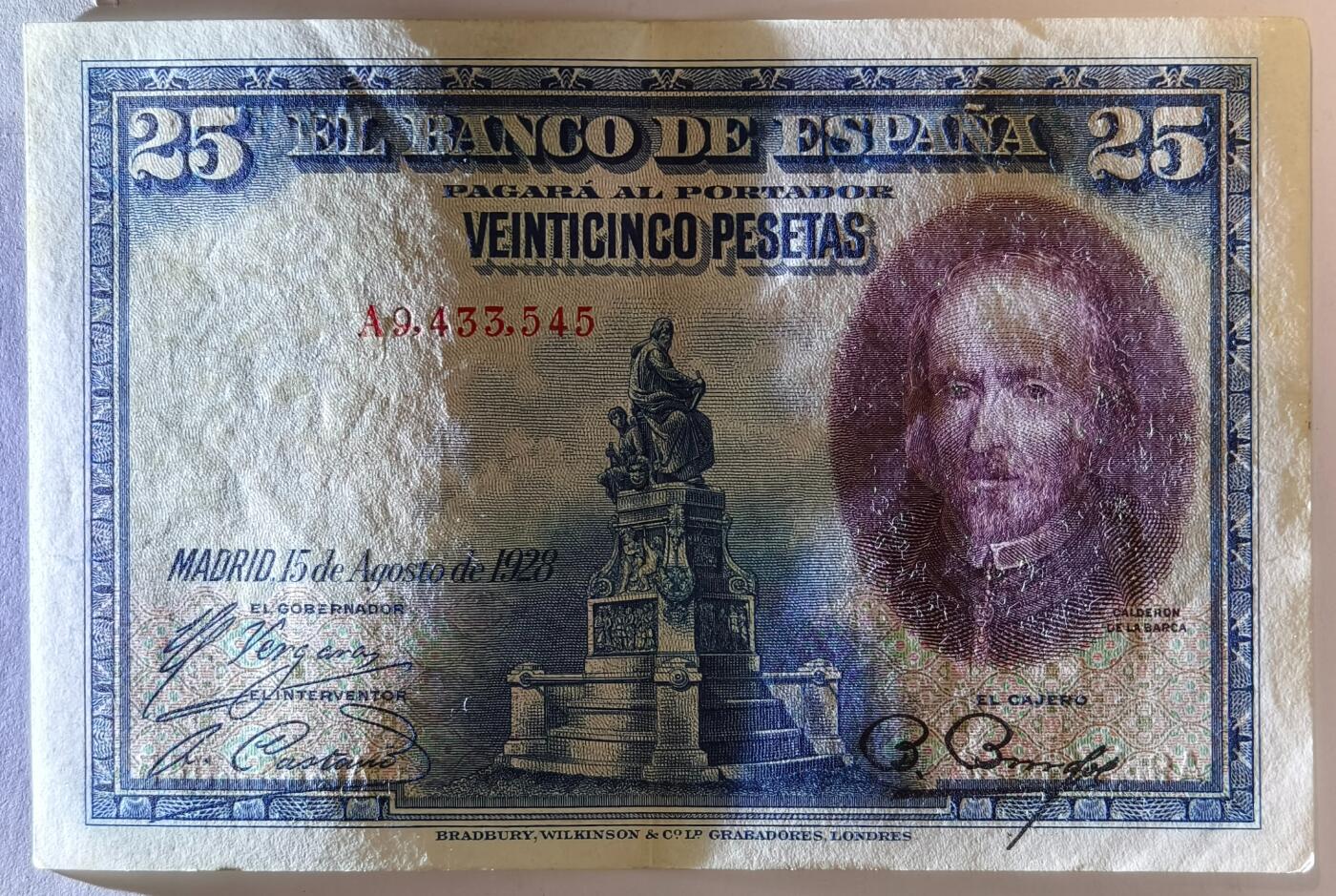 紫瑗钱币——第353期拍卖——纸币场 西班牙 1928年 卡尔德隆 25比塞塔 AU