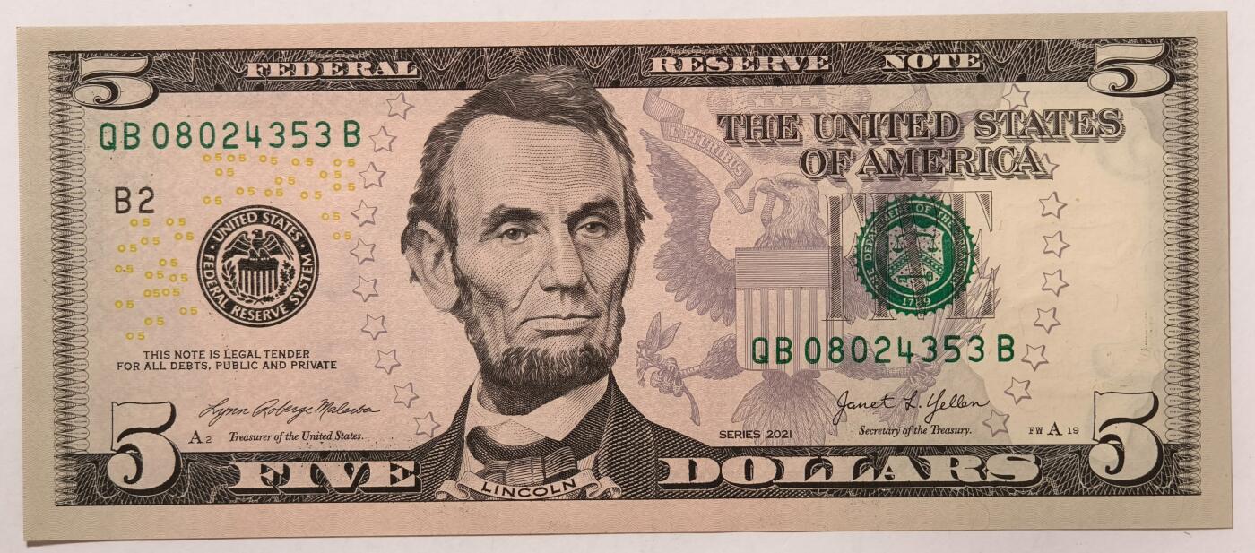 紫瑗钱币——第353期拍卖——纸币场 美国 2021年 B版 无序列 亚伯拉罕·林肯 5美元 彩色版 UNC