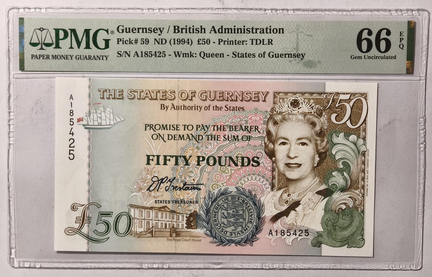 紫瑗钱币——第353期拍卖——纸币场 【首发A冠 PMG 66EPQ】格恩西 1994年 伊丽莎白二世 高冠 50磅 (P-59)