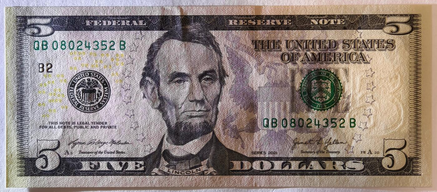 紫瑗钱币——第353期拍卖——纸币场 美国 2021年 B版 无序列 亚伯拉罕·林肯 5美元 彩色版 UNC