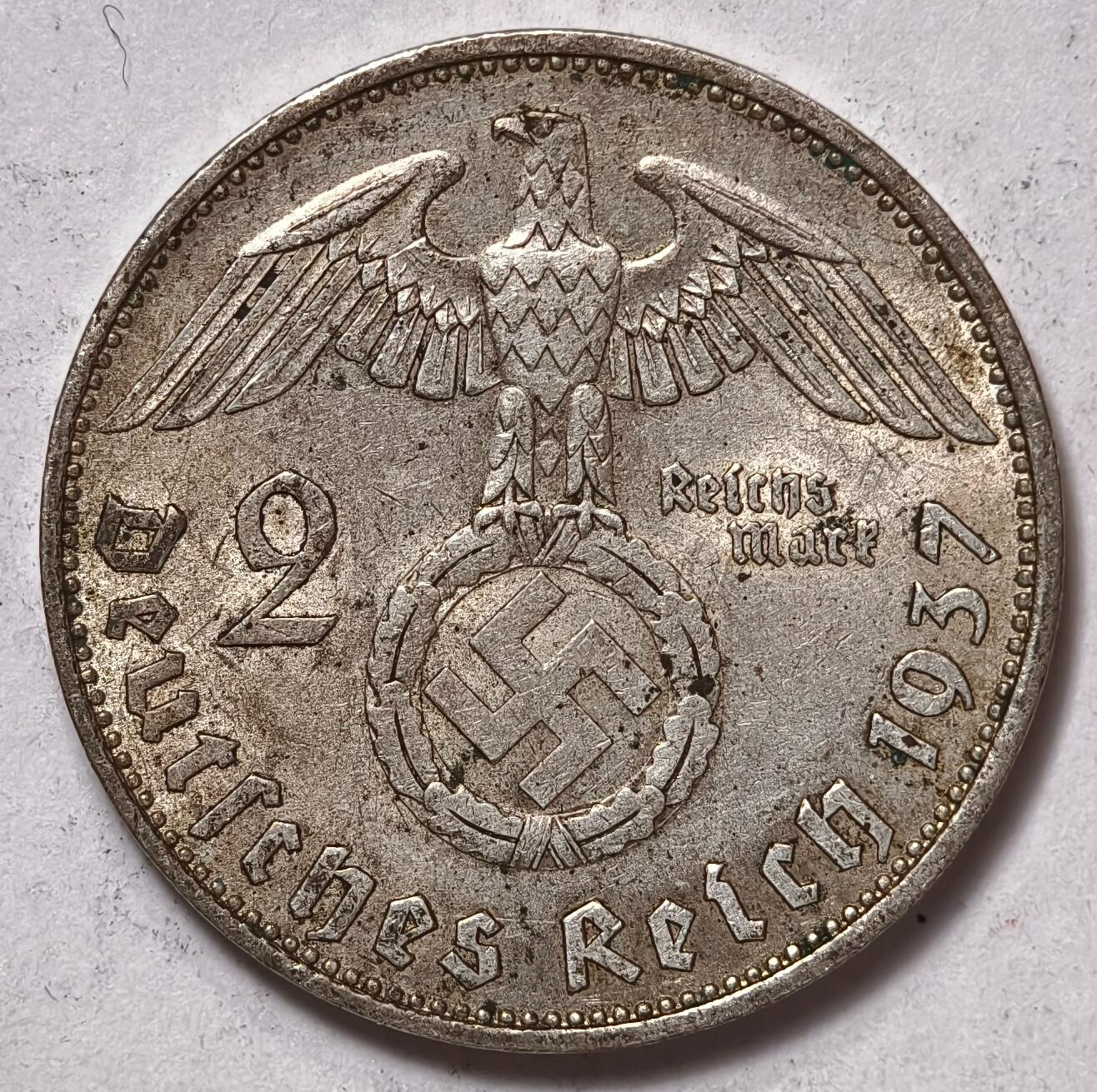 紫瑗钱币——第354期拍卖 德国 1937年 A版 兴登堡 字符 2马克 8克 0.625银