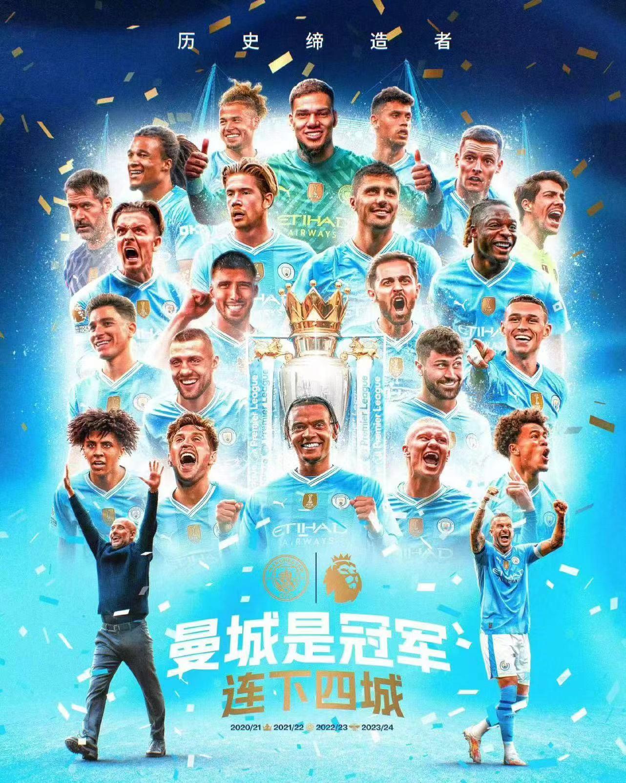 零元拍：英超4连冠王者曼城足球俱乐部主教练瓜迪奥拉，绝对主力哈兰德，德布劳内，格拉利什，格瓦迪奥尔，福登，罗德里亲笔签名曼城2023-2024赛季球队官方秩序册！持权转播商腾讯体育所得！